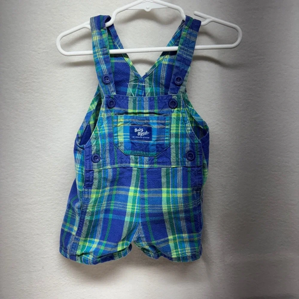 Baby‎ OshKosh B'gosh Boys 3-6 Months Blue Green Plaid Shortalls Overalls Summer